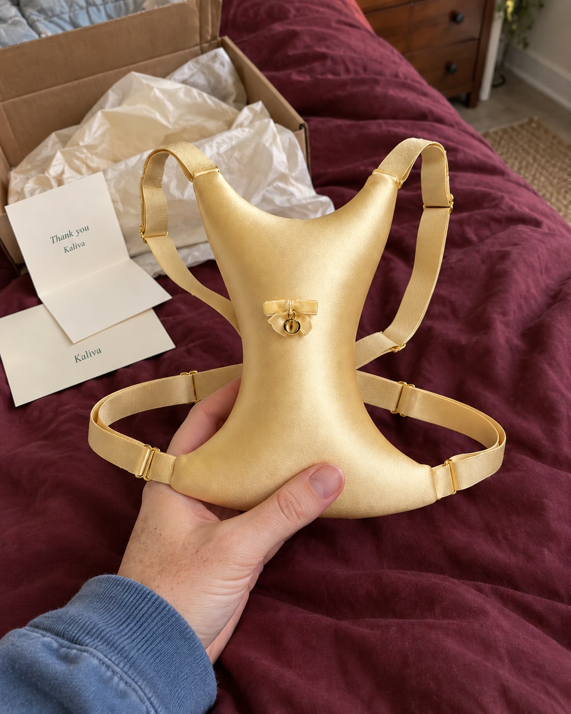 The gold Kaliva Breast Pillow held in a left hand above an opened box and card in an ordinary phone photo