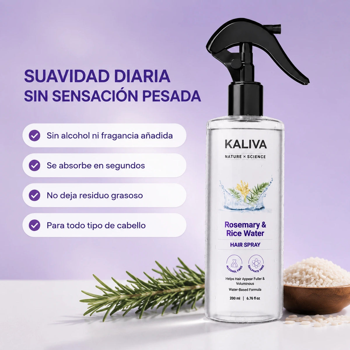 Kaliva Agua de Romero y Agua de Arroz | Extracto 100% Natural | Cabello Suave y Sedoso | 200 ml