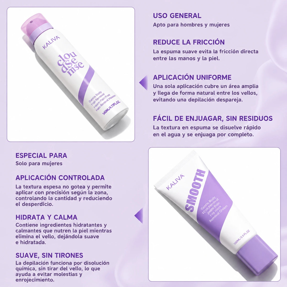 Kaliva Gentle Kit Depilatorio Corporal | Mousse + Crema + Espátula
