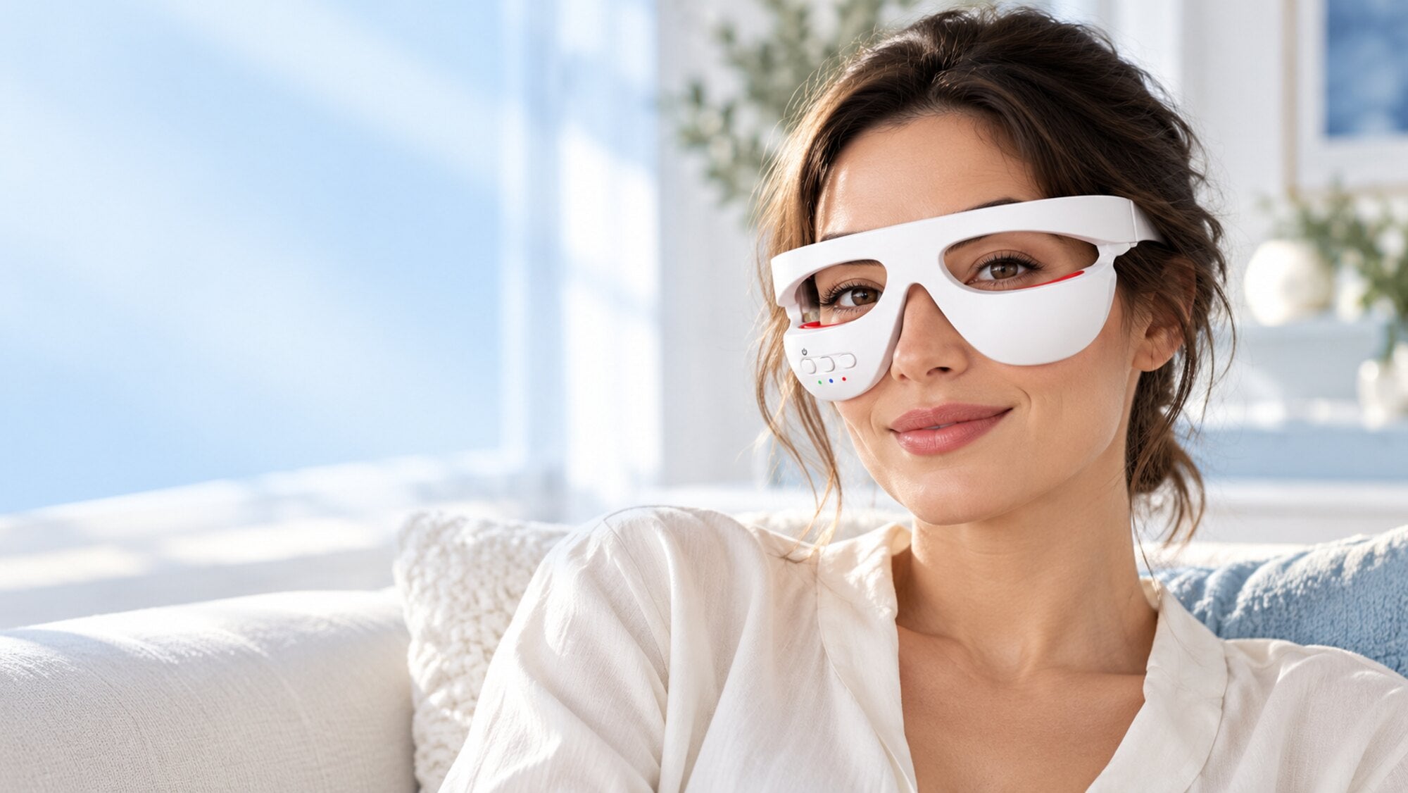 Woman wearing the Eye Bag Massager, face and device fully visible