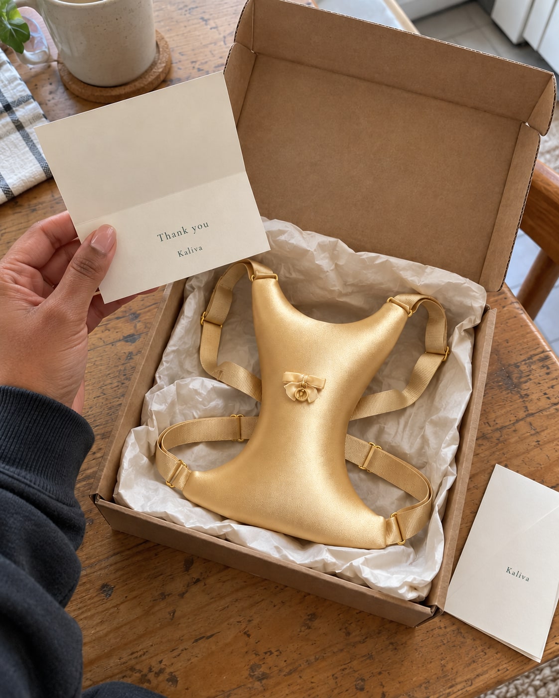 An opened kraft box with tissue, a cream card, and the gold Kaliva Breast Pillow, photographed casually at home
