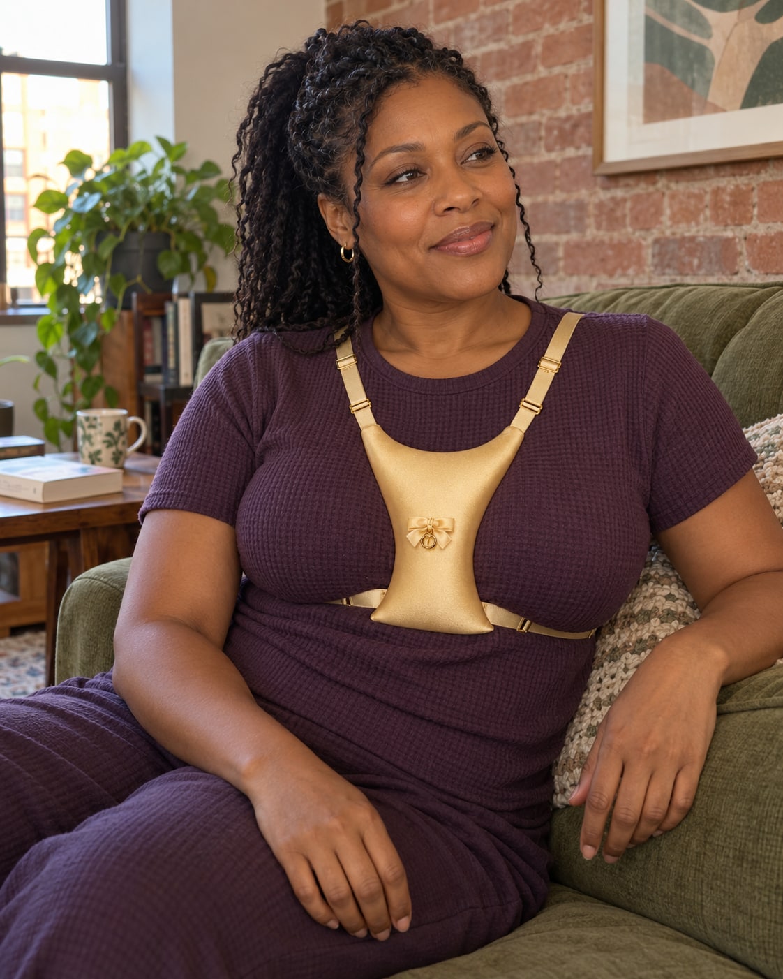 A Black woman in a plum top wearing the small gold cushion between her breasts on an olive sofa in a brick-walled living room