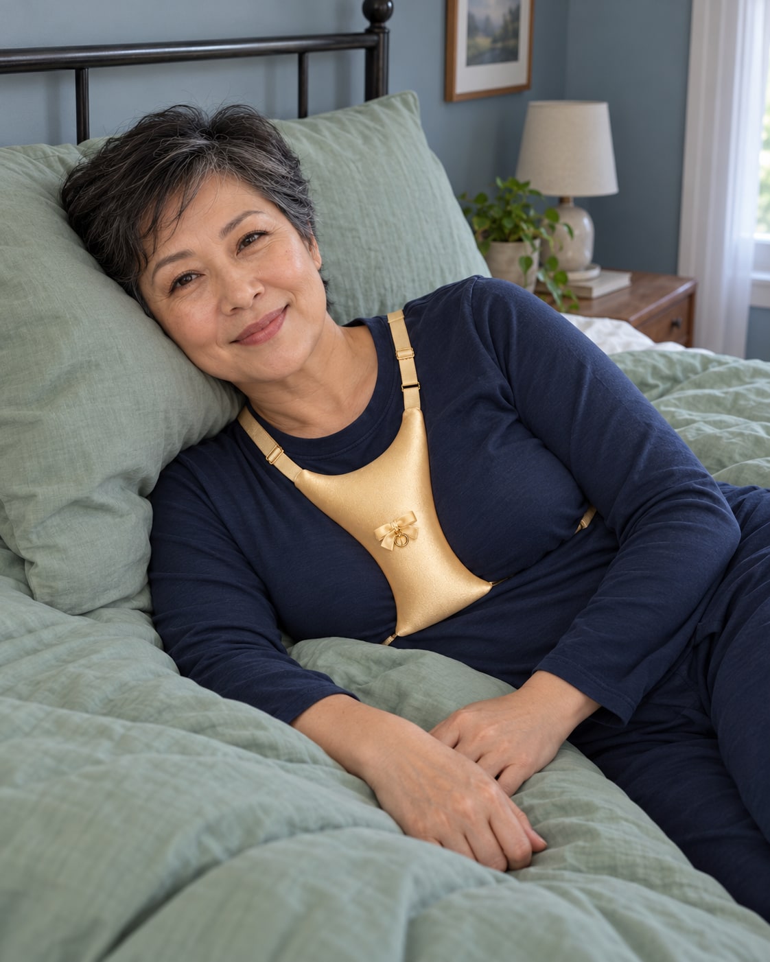 An East Asian woman in a navy top resting on her side with the small gold cushion, sage bedding, and a blue-gray bedroom